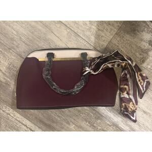 ALDO Burgundy Black Structured Satchel Top Handle Bag Gold Hardware Scarf